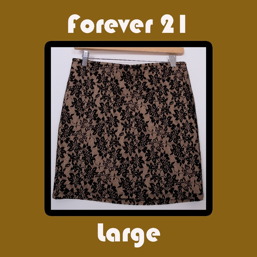 Tan Skirt with a Black Floral Lace Overlay - Picture 1 of 4